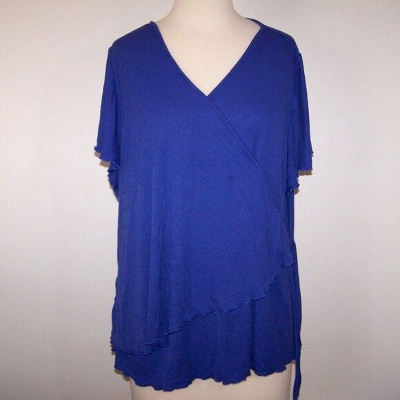 Lane Bryant Wrap Shirt Top Womens 26 28 Short Flutter Sleeves Stretch Soft Blue - Picture 2 of 12